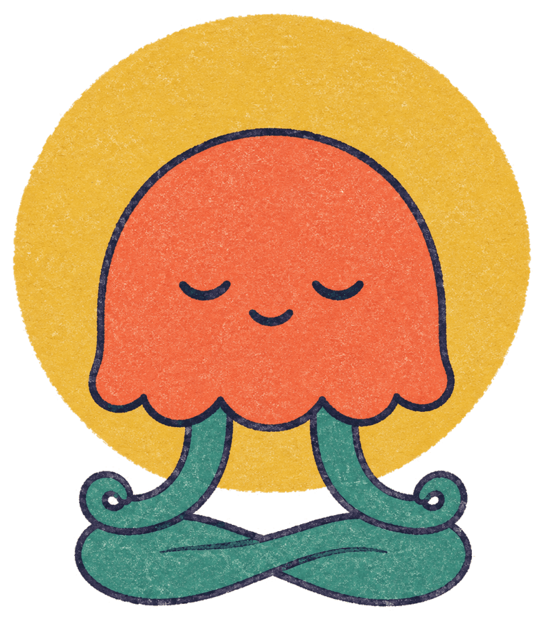 Jelly, Reset's jellyfish, sitting cross-legged in front of a yellow sun